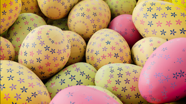 Multicolored, Easter Egg background. Beautiful Yellow, Pink and Navy Eggs with Floral patterns. 3D Render