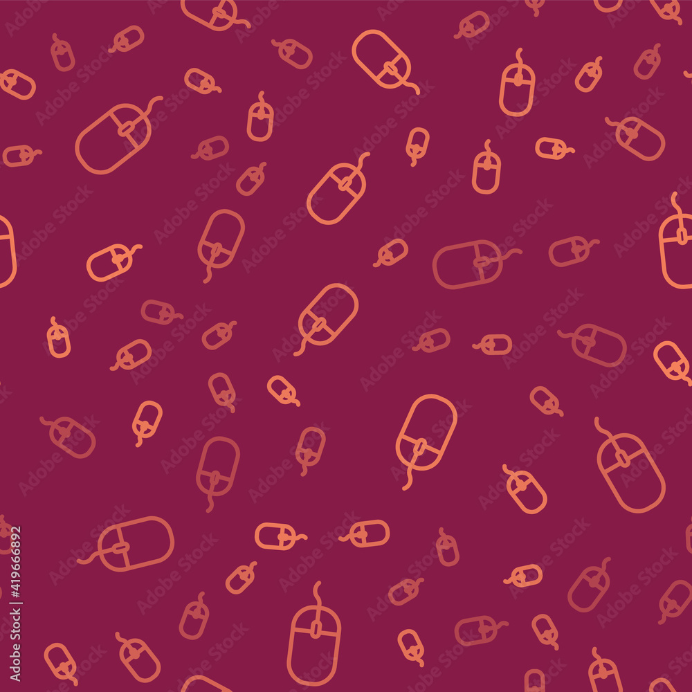 Poster brown line computer mouse icon isolated seamless pattern on red background. optical with wheel symbo