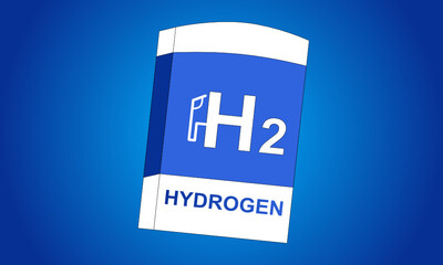 Eine blau weiße Tankstelle für H2 Wasserstoff Hydrogen vor blauem Hintergrund
