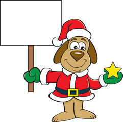 Cartoon illustration of a dog in a Santa costume holding a star and a sign.