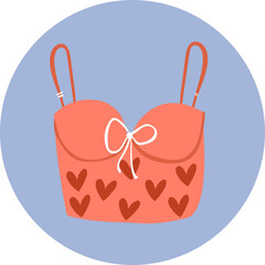 Stylish trendy bra lingerie with heart ornament, laces, corset. Ideal swimwear, beachwear icon on a blue background.
