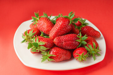 Close-up shot of freshly picked strawberries in a white plate