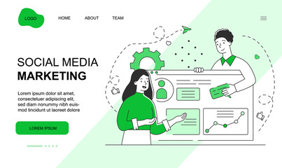 Male and female characters are working on social media marketing together. Young man and woman are creating content fro smm. Website, web page, landing page template. Flat cartoon vector illustration