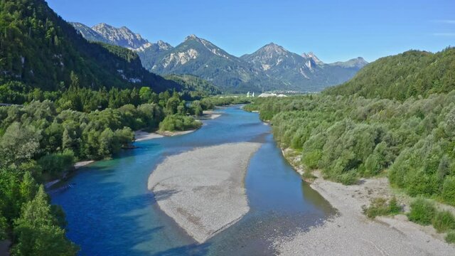 F&uuml;ssen, an aerial view over the river Lech. Town F&uuml;ssen near Neuschwanstein castle, Bavaria, Germany.