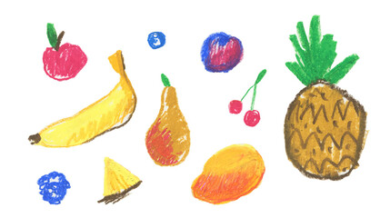 Set of illustrations with fruit drawn with wax crayons in children's style.Pineapple,banana,blackberry,plum,pear,mango,blueberry hand drawn with colored pencils.Designs for ,social media,posters.