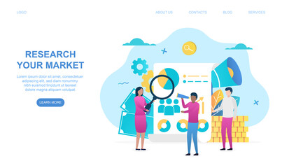 Male and female characters are researching market together. Woman is looking at charts with magnifying glass. Website, web page, landing page template. Flat cartoon vector illustration