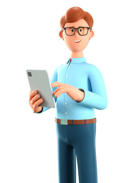 3D illustration of standing happy man holding tablet. Close up portrait of cute cartoon smiling businessman using gadget, isolated on white. Communication, working in office concept.
