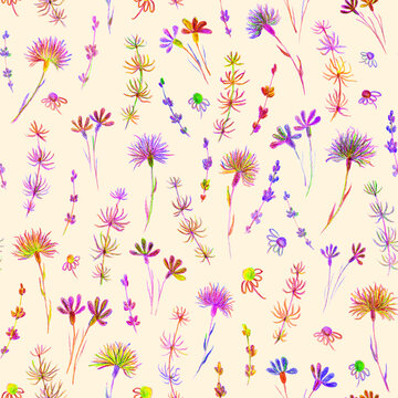 Flowers seamless pattern. Hand-drawn pencil drawing. Botanical illustration. Background for header, image for blog, decoration. Design of wallpapers, textiles, fabrics