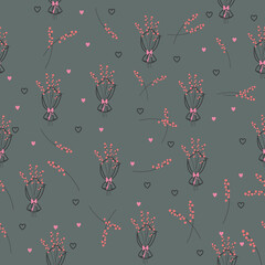 Pink flower bouquets and flower stems falling seamless repeating pattern pattern with sage green background. Vector illustration