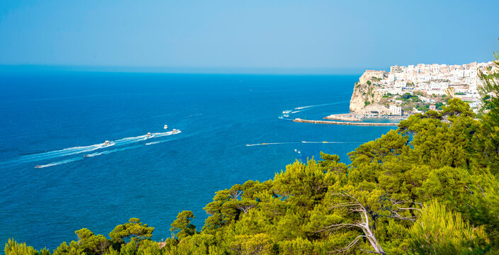 Peschici village and beach, Gargano peninsula, Apulia, Italy.