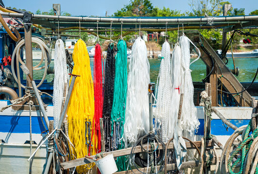 fishing floats and nets colored yellow and red called pots ideal for lake fishing