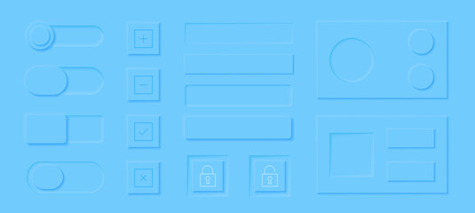 Neumorphism style elements vector set. Modern website or mobile app design. Volume control buttons and knobs. Minimal style neumorphism buttons. Neumorphic UI UX interface.