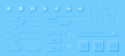 Neumorphism media player interface elements set. Modern web or mobile app. Audio or video player app. Volume control buttons and knobs. Minimal style neumorphism. Neumorphic UI UX interface.
