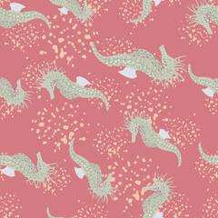 Decorative abstract seamless pattern with grey random seahorse silhouettes. Pink background with splashes.