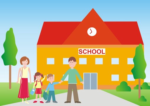 Schoolhouse and parents with kids, vector illustration