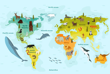 World map with different animal. Funny cartoon banner for children with the continents, oceans and lot of funny animals. Materials for kids preschool education