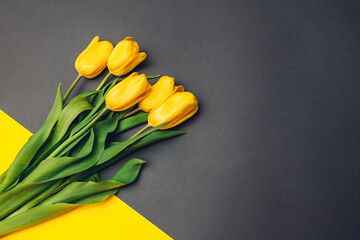 Spring yellow flowers. Bouquet of tulips on grey background. Present, gift for Mother's day. Space - Powered by Adobe