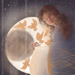 Fototapety   beautiful fairy girl hugs the moon 