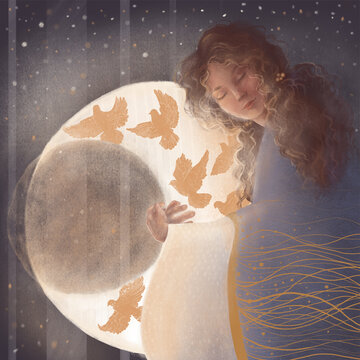 
beautiful fairy girl hugs the moon 
