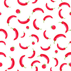 Tomatoes and peppers, chili pepper prints, chili seamless pattern isolated on the white background