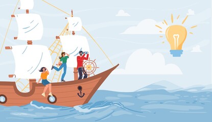 Fototapeta na wymiar Vector cartoon flat characters sail on ship looking into distance on glowing lamp - new ideas,beginnings,opportunities,future vision,new business,profit searching,money investing concept