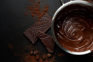 Melting chocolate in pot on dark