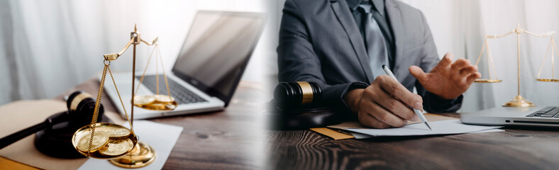 justice and law concept.Male judge in a courtroom on wooden table and Counselor or Male lawyer...