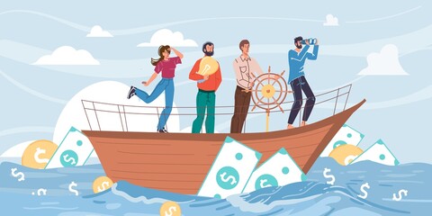 Vector cartoon flat characters sail on ship in midst of cash dollars coins,looking into distance-new beginnings,opportunities,future vision,new business,profit searching,money investing concept