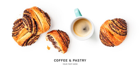 Coffee cup and fresh pastry with poppy seeds.