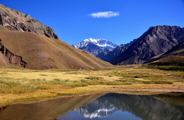 Fototapeta na wymiar Aconcagua Provincial Park is located in the Mendoza Province in Argentina. The Andes mountain range draws all types of thrill seekers ranging in difficulty including hiking, climbing