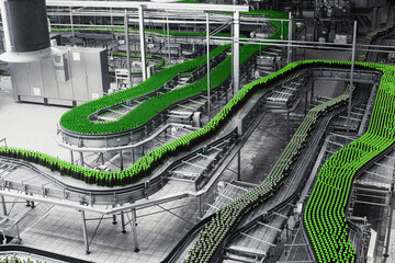 Automated conveyor line in a brewery. Rows of green glass bottles on a conveyor belt. Industrial brewery