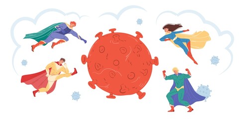 Vector cartoon flat superhero characters fight coronavirus,protecting people - covid prevention,protection vs pandemic viral disease infection,medical treatment therapy social concept