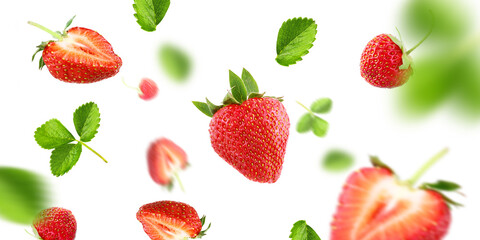 ripe strawberry group, slices and leaves on air