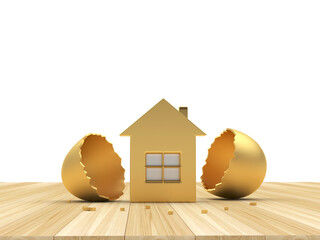Golden house icon next to a broken golden eggshell on a wooden surface. 3d illustration 