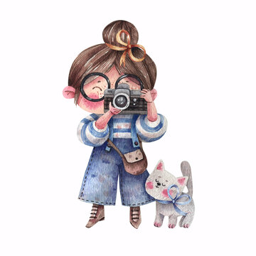 Cute girl traveler with a kitten taking pictures with a camera. Watercolor illustration for postcard, banner, book isolated on white background. A cute girl and a kitten are filmed on a trip.