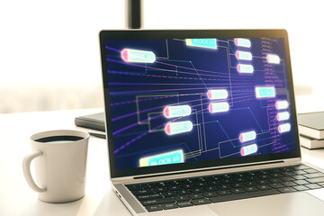 Modern computer screen with abstract graphic coding sketch, big data and networking concept. 3D Rendering