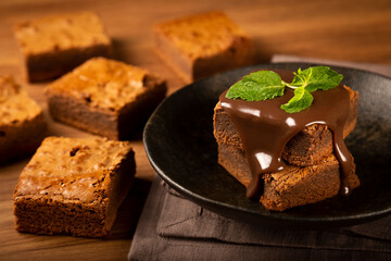 Chocolate brownies with chocolate sauce and mint leaves
