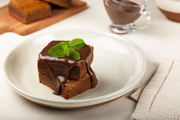 Chocolate brownies with chocolate sauce and mint leaves