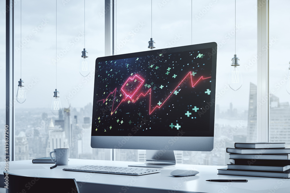 Poster modern computer monitor with creative abstract heart rate hologram. healthcare technolody concept. 3