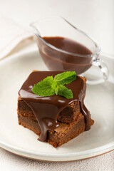 Chocolate brownies with chocolate sauce and mint leaves