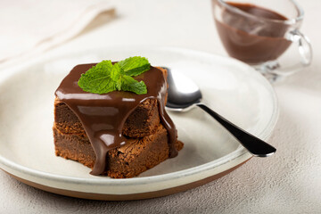Chocolate brownies with chocolate sauce and mint leaves