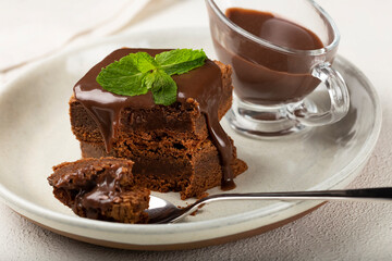 Chocolate brownies with chocolate sauce and mint leaves