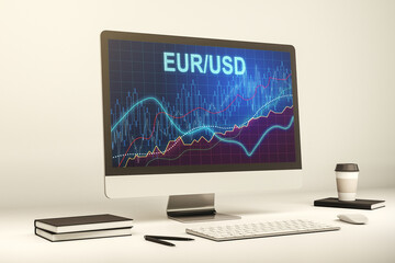 Fototapeta premium Creative EURO USD forex graph sketch on modern laptop monitor, strategy and forecast concept. 3D Rendering