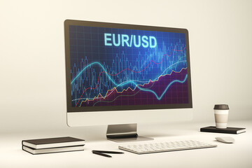 Creative EURO USD forex graph sketch on modern laptop monitor, strategy and forecast concept. 3D Rendering