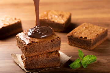 Fototapeta na wymiar Chocolate brownies with chocolate sauce and mint leaves