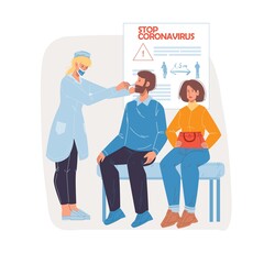 Vector cartoon flat doctor character at work doing PCR test.Physician take patient saliva sample - coronavirus prevention,covid disease infection diagnostics,treatment,therapy medical concept