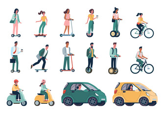 Flat vector set of environmentally friendly alternative vehicles. People, men and women ride modern eco-cars, electric scooters, skateboards, bicycles, mopeds. Green energy