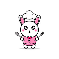 cute rabbit chef brings cutlery mascot design kawaii