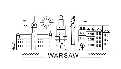 Naklejka premium Warsaw minimal style City Outline Skyline with Typographic. Vector cityscape with famous landmarks. Illustration for prints on bags, posters, cards. 