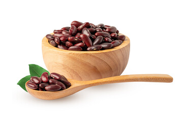Red bean in wooden bowl and spoon isolated on white background with clipping path.